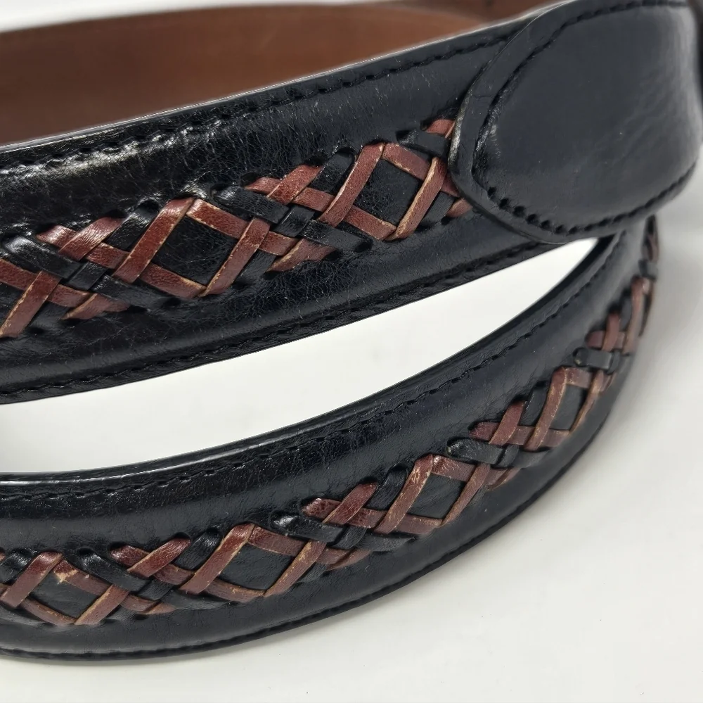 BRIGHTON BLACK LEATHER BELT CHOCOLATE BROWN BRAIDED STITCHING MEN 36 WESTERN